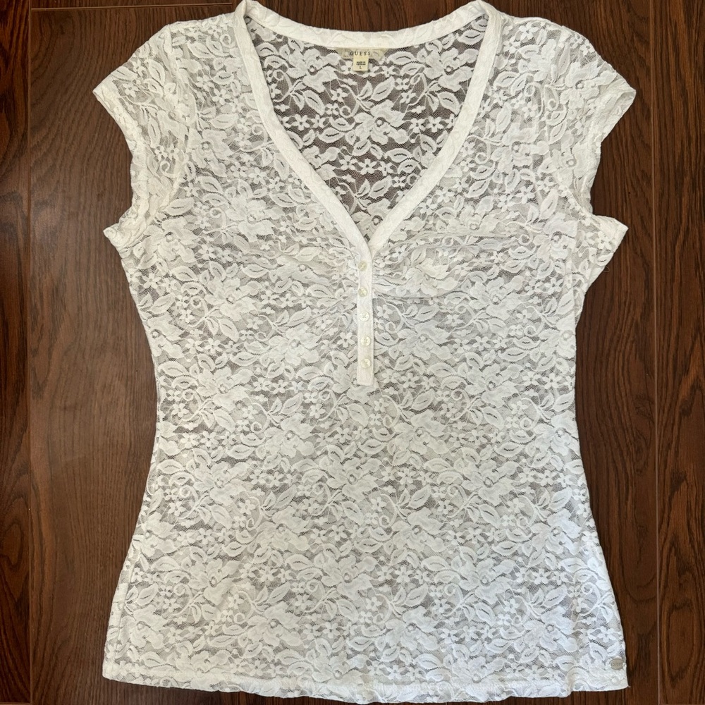 GUESS Ruched Lace Henley Top Sheer White Size Large